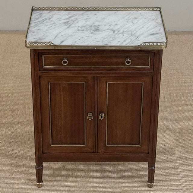 Antique French Louis XVI Mahogany Cabinet With Carrara Marble Top and Brass Gallery For Sale - Image 15 of 18