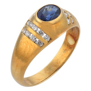 Vintage Sapphire Diamond 18k Yellow Gold Ring, Size 7.5 For Sale