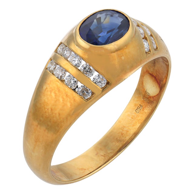 Vintage Sapphire Diamond 18k Yellow Gold Ring, Size 7.5 For Sale