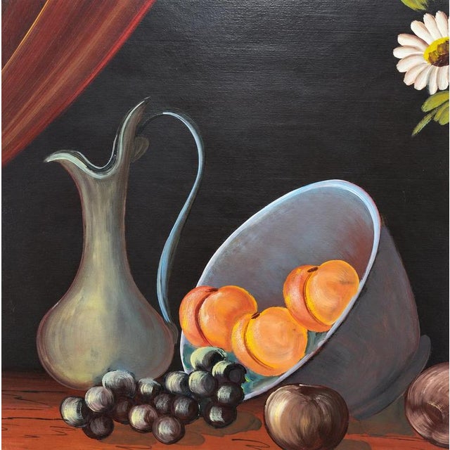 Still life with flowers, fruits and utensils. Descriptive title: still life with vase of flowers, fruits and utensils....