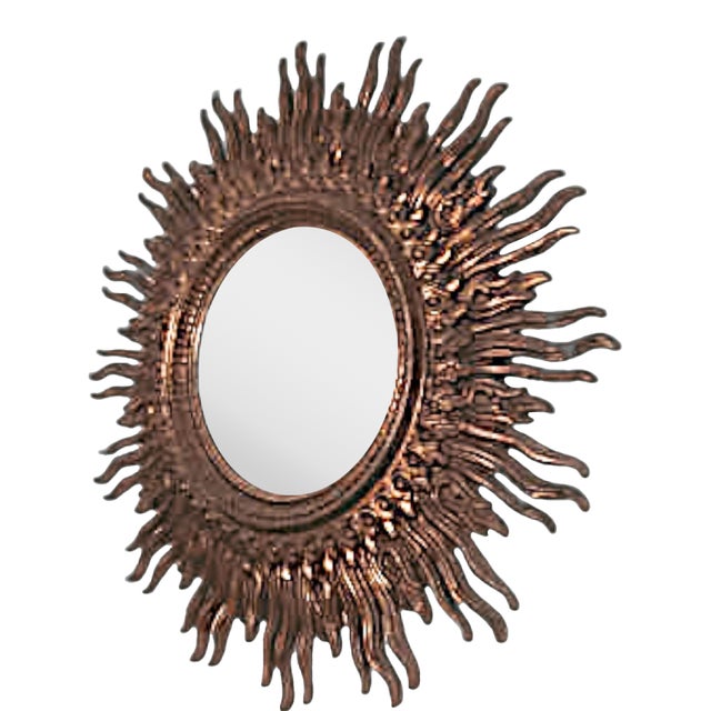 1970s Large 48" Syroco Sunburst Mirror Framed With Gilded Flames For Sale