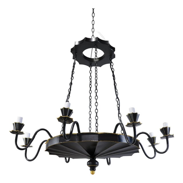 Vintage Handcrafted Iron Black and Gold 8-Light Pendant For Sale