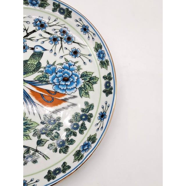 Vintage Imari Ware Japan 10" Porcelain Plate With Blue and Green Paradise Bird Design and Gold Rim For Sale - Image 6 of 9