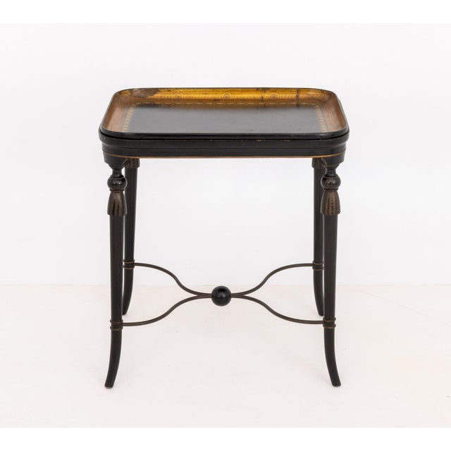 Traditional Regency Style Black With Gilt Geometric Design Lacquered Wood Tray Table For Sale - Image 3 of 12