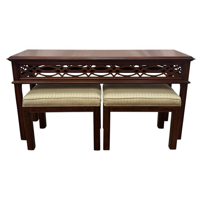Vintage Henkel Harris Virginia Galleries Collection Chippendale Style Mahogany Console Table & Pair of Upholstered Stools For Sale - Image 12 of 12