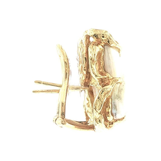 Modern Mid-Century Brutalist 18k Yellow Gold Baroque Pearl Earrings, A Pair For Sale - Image 3 of 4