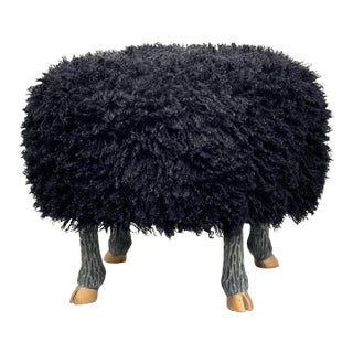 Round Stool / Ottoman With Hand-Carved Faux “Sheep” Legs With Gilt Finish and Faux “Lamb” Washable Upholstery / Everage Design Workshop For Sale