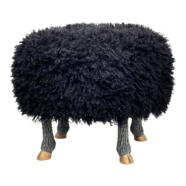 Round Stool / Ottoman With Hand-Carved Faux “Sheep” Legs With Gilt Finish and Faux “Lamb” Washable Upholstery / Everage Design Workshop Made to Order For Sale