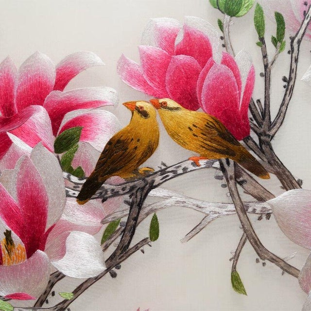 Handmade Suzhou Embroidery “Golden Abundance” Magnolia Blossom Artwork – Luxury Silk Embroidered Decorative Wall Art For Sale - Image 10 of 10