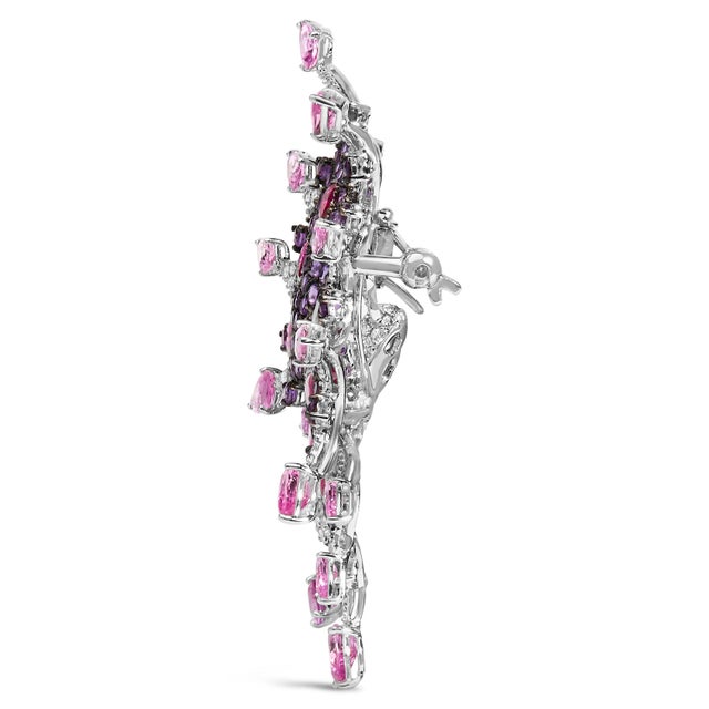 18K White Gold 1.00 Cttw Diamond, Ruby Sapphire, and Amethyst Mixed Gemstone Butterfly Brooch Pin (G-H Color, VS1-VS2 Clarity) For Sale - Image 4 of 6