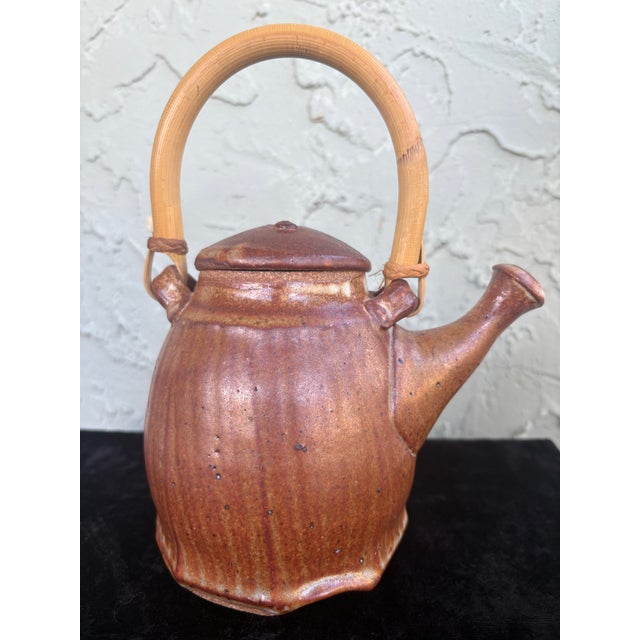 Rustic Vintage Rustic Ribbed Stoneware Mingei Style Studio Pottery Teapot With Bamboo Handle For Sale - Image 3 of 7