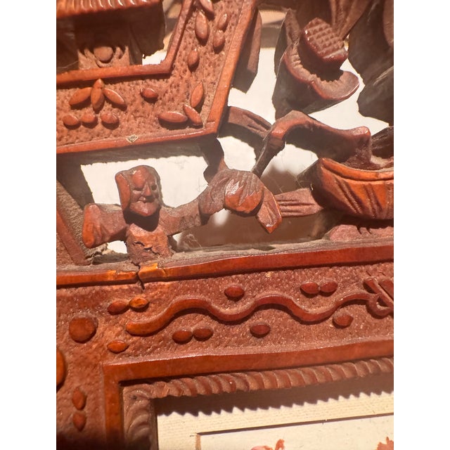 Chestnut Antique Chinese Hand-Carved Wooden Frame With Carved Figures in Frame and Pressed Flowers. For Sale - Image 8 of 12