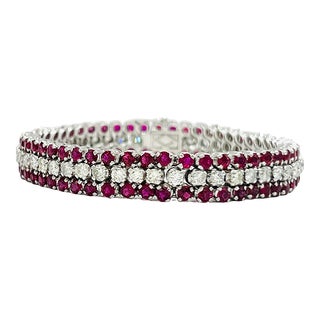 Mid 20th Century Ruby and Round Diamond Three Row Bracelet in 18k White Gold For Sale