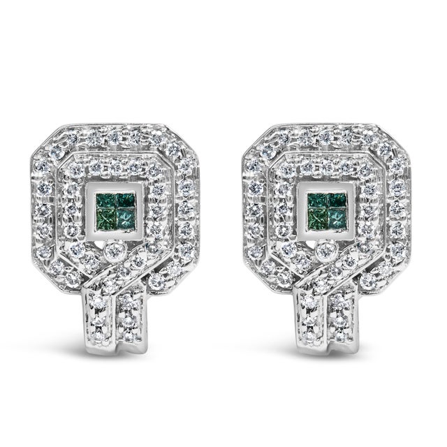 Contemporary 14K White Gold 1.0 Cttw Treated Blue and White Diamond Octagonal Shield Omega Back Earrings (H-I Color, SI1-SI2 Clarity) For Sale - Image 3 of 6