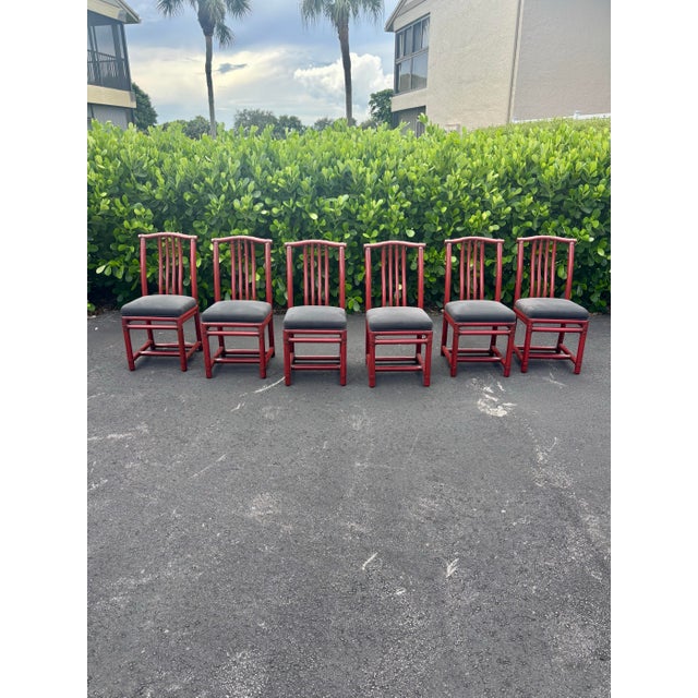 Hollywood Regency Vintage McGuire Red Rattan Chinese Officials Hat Dining Chairs, Set of 6 For Sale - Image 3 of 9
