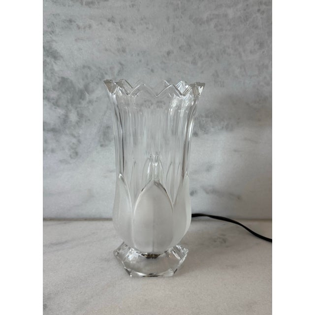 Vintage crystal tulip torchiere-style table lamp featuring clear fluted glass and frosted petal details at the bottom.