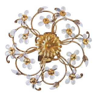 Mid-Century Gilt Metal Flush Mount Fixture With Glass Flowers For Sale
