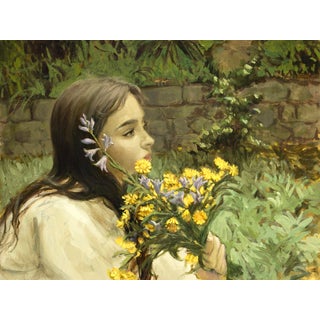 Wild Flowers by Nadezda | Oil on Panel Portrait of a girl holding a bouquet of wildflowers. For Sale