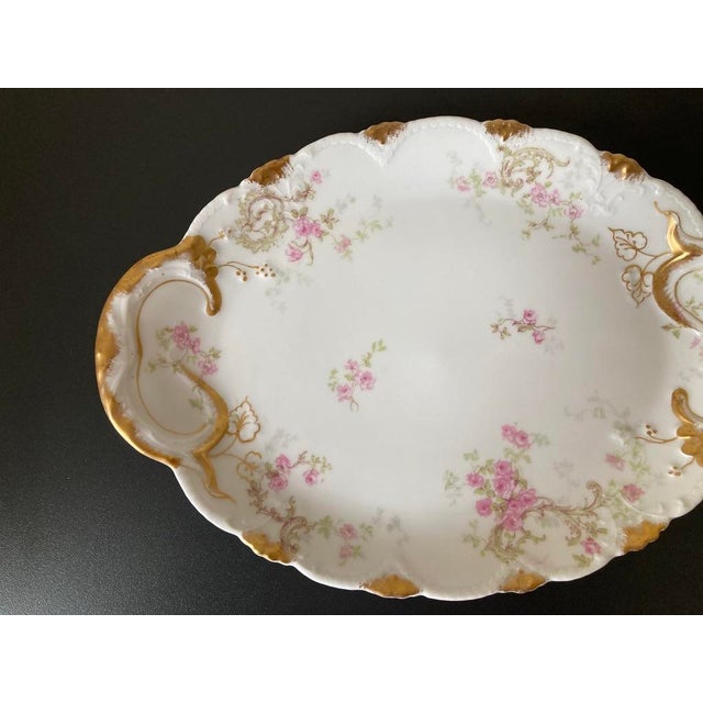 Ceramic Early 20th Century Limoges French Roses Porcelain Oval Serving Platter or Tray With Gold Accents For Sale - Image 7 of 12