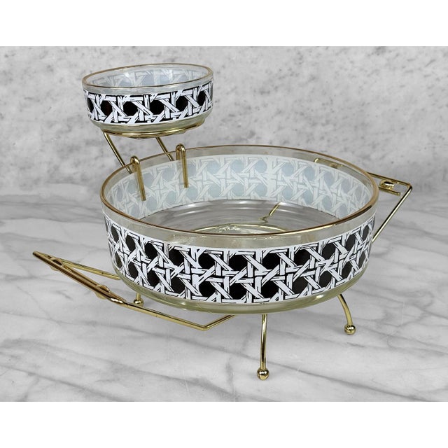 Mid-Century Black White Rattan Motif Glass Chip & Dip Serving Bowl Set For Sale - Image 4 of 9