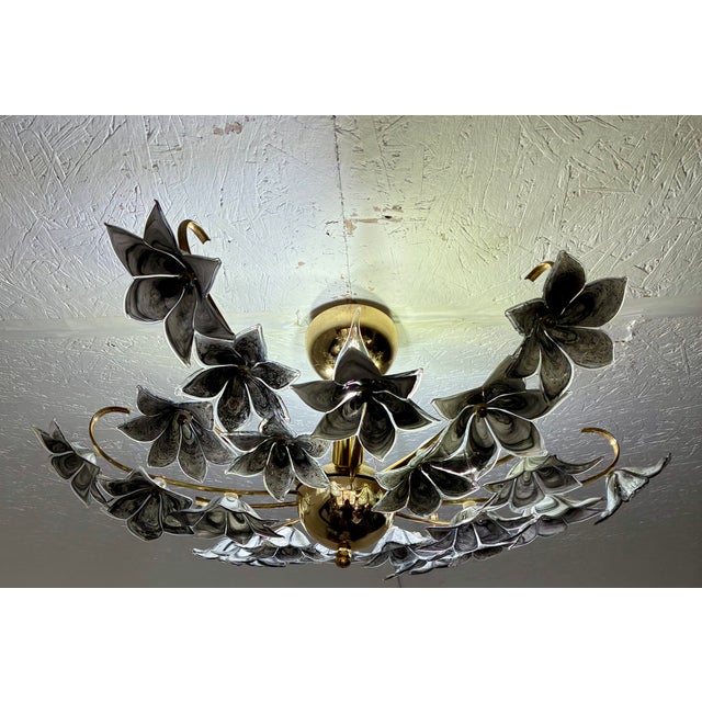 1980s Rare Black Murano Style Glass Floral Chandelier | Gothic Romantic Flush Mount Ceiling Light For Sale - Image 11 of 17