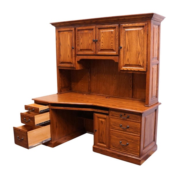 Winners Only Solid Oak Rustic Early American Country Style 74" Computer Desk W. Cabinet Storage Top For Sale - Image 13 of 18