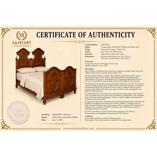 Antique Italian Double Bed in Walnut Burl, Bassano del Grappa, 1890s For Sale - Image 10 of 11