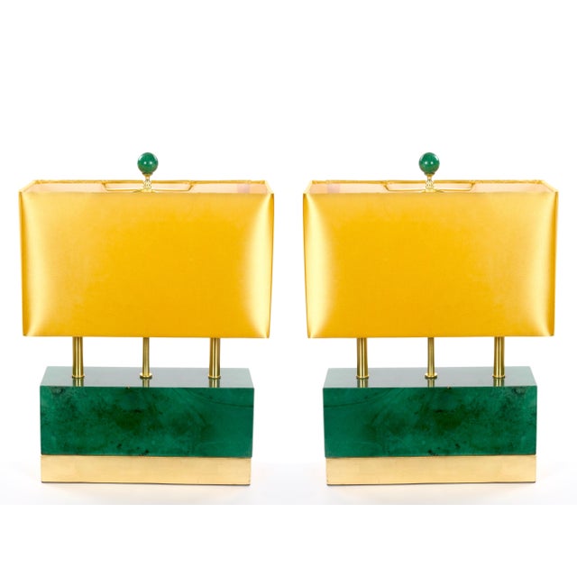 Mid-Century Modern Italian Art Deco-Style Dark Green Jade and Brass Table Lamps For Sale - Image 11 of 11