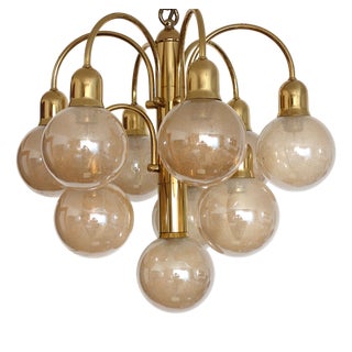 Gold-Plated Brass Glass Shade Chandelier, 1970s For Sale