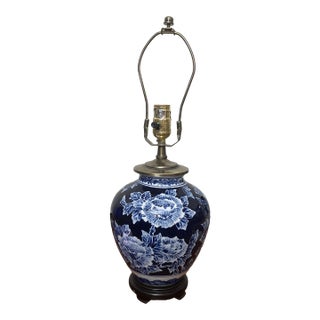 1990s Blue and White Hydrangea Print Batik Looking Lamp For Sale
