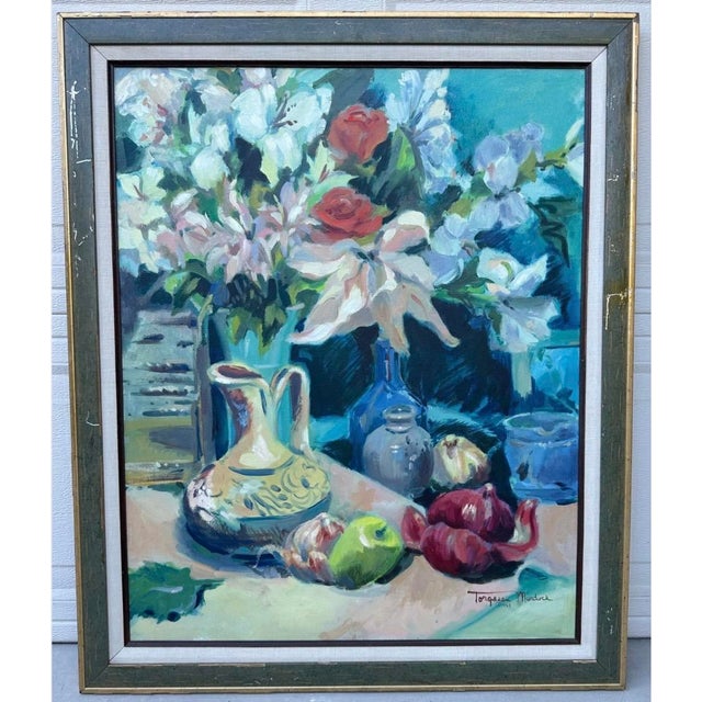 Torgesen Murdock Original Oil Painting – Floral Still Life with Lilies, Roses & Ceramic Pitcher, 1984 Category: Fine Art /...