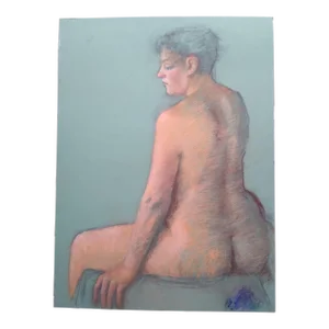 1970s "Sitting Nude" Figurative Chalk Drawing In the Style of Marcia B. Bounton
