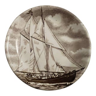 1930s Bluenose II Schooner Wine Drink Coaster, Brown Transferware Sailing Plate, Made in England For Sale