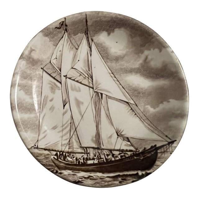1930s Bluenose II Schooner Wine Drink Coaster, Brown Transferware Sailing Plate, Made in England For Sale