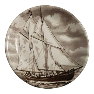 1930s Bluenose II Schooner Wine Drink Coaster, Brown Transferware Sailing Plate, Made in England