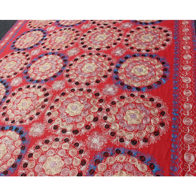 Unusually Large Silk Embroidery Suzani With Soft Red & Beautiful Vivid Colors For Sale - Image 4 of 13