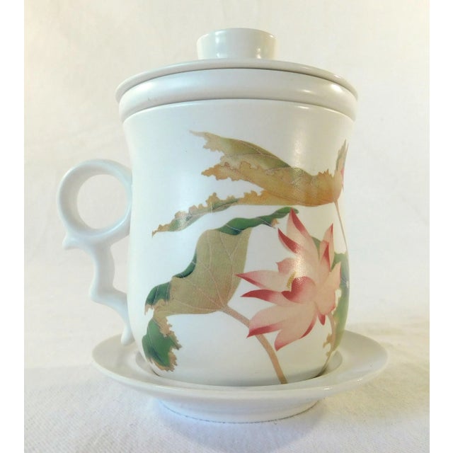White Teavana Ceramics Floral & Bird Porcelain Tea Cup With Infuser, Lid, & Saucer For Sale - Image 8 of 8