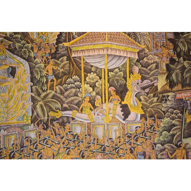 Mid-20th century Balinese painting on silk fabric, framed. Vintage large Balinese art painting, from Ubud, Bali acrylic on...