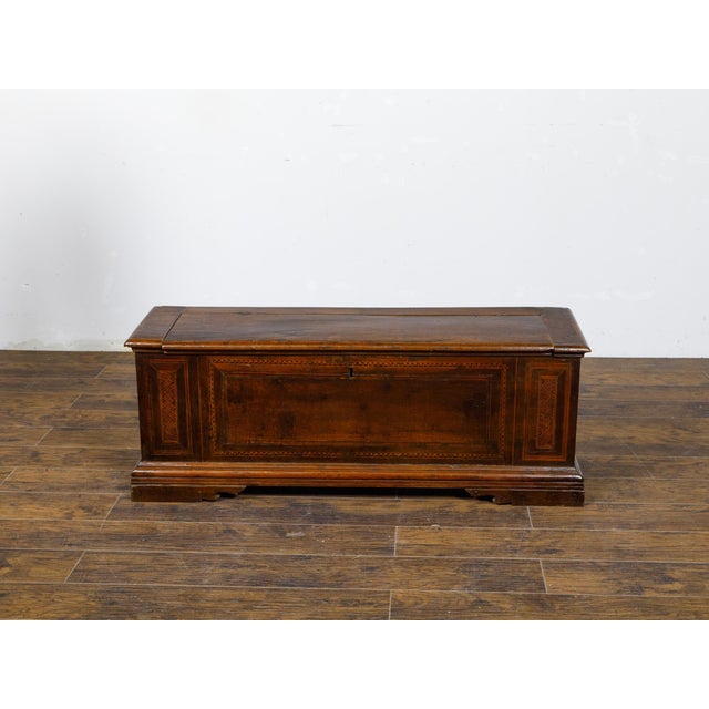 18th Century Italian 18th Century Walnut Coffer with Lift Top, Marquetry and Bracket Feet For Sale - Image 5 of 12