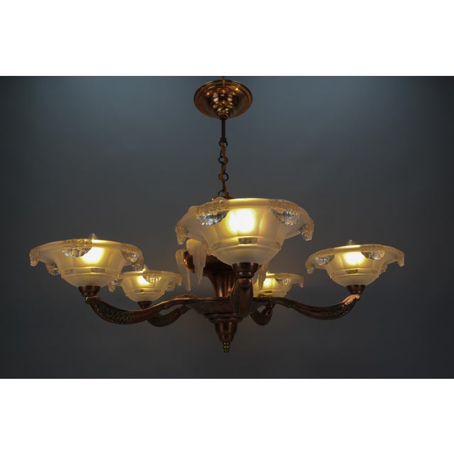 Art Deco French Frosted Glass, Brass, and Copper Chandelier, 1930s For Sale - Image 4 of 18