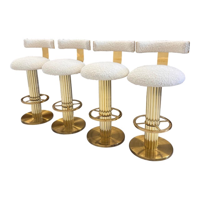 Design for Leisure Set of 4 Brass Barstools, Ivory Boucle, Signed, 1987 For Sale