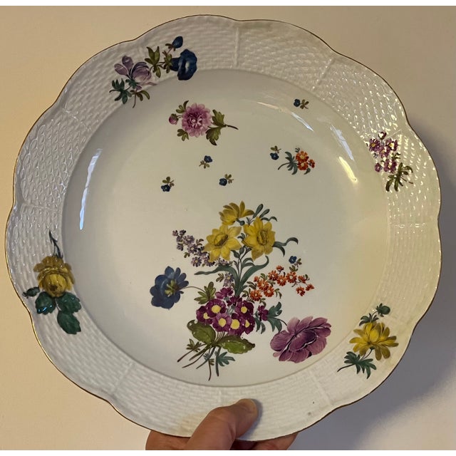 Antique 18th century Meissen porcelain round charger or deep dish platter with basketweave border and hand painted floral...