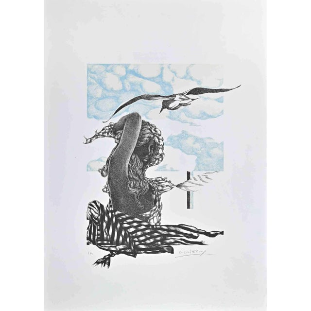 Oscar Pelosi, The Woman with Bird, Original Lithograph, 1980s For Sale