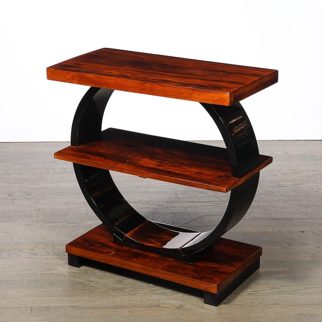 Art Deco Machine Age 3-Tier Walnut Side Table W/ Black Lacquer Round Support For Sale - Image 10 of 14