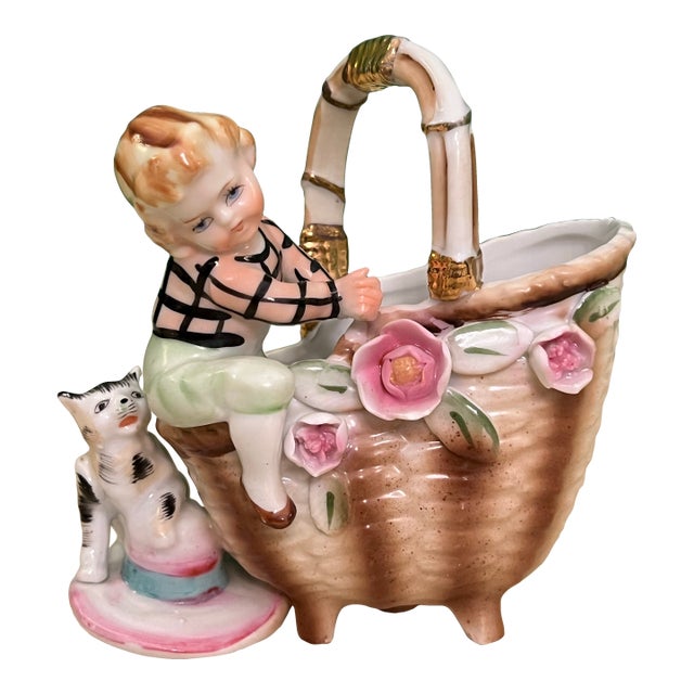 Vintage Porcelain Figurine of Boy Climbing on Basket For Sale