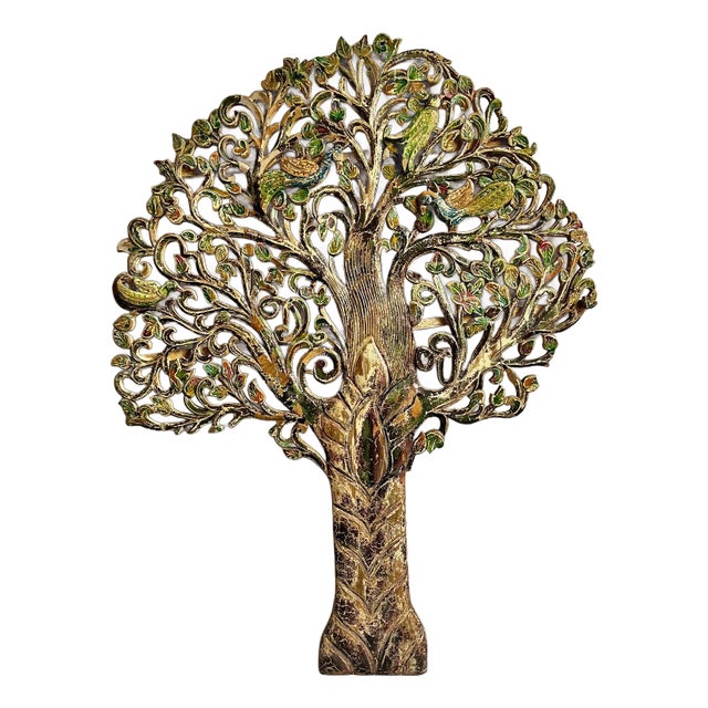 Vintage Good Luck Wood Carved Peacock Tree For Sale
