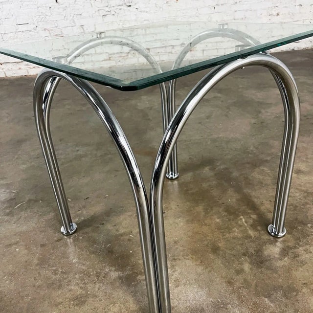 Mid-Late 20th Century Bauhaus Style Arched Chrome Tube Base & Square Beveled Glass Top End or Side Table For Sale - Image 11 of 12