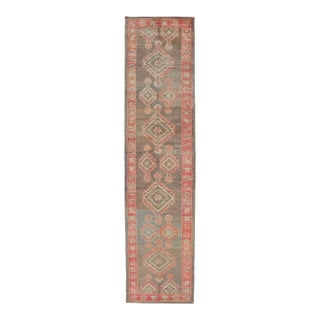 Turkish Oushak Runner With Coral Red and Taupe Geometric Medallion Design For Sale