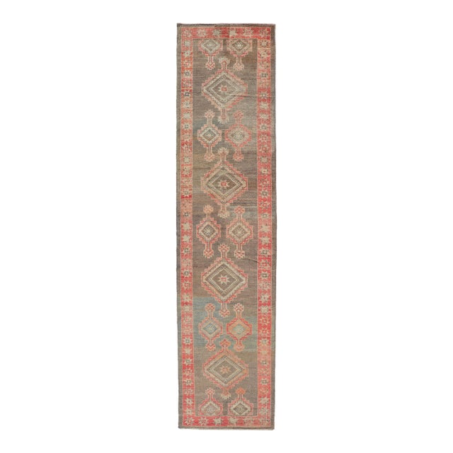 Turkish Oushak Runner With Coral Red and Taupe Geometric Medallion Design For Sale