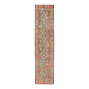 Turkish Oushak Runner With Coral Red and Taupe Geometric Medallion Design